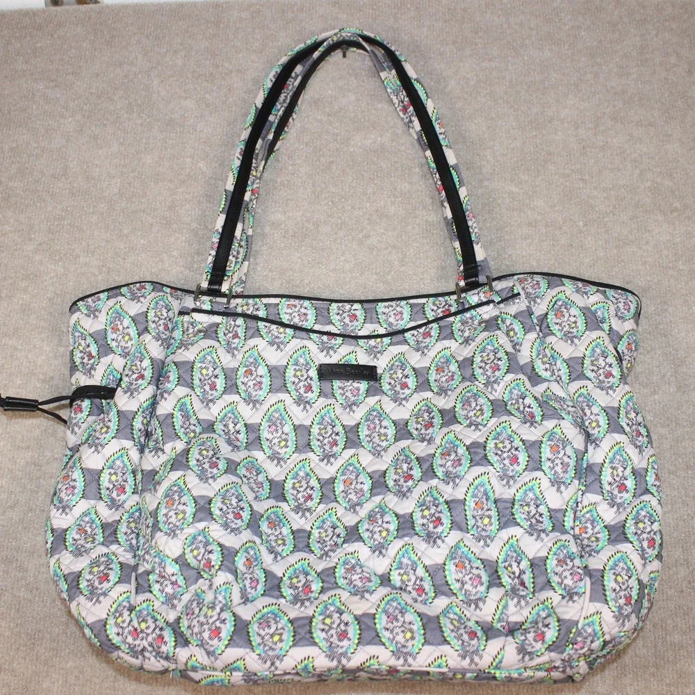 Vera Bradley Paisley Stripes Quilted Cotton Tote Bag Grey Blue Multi Large